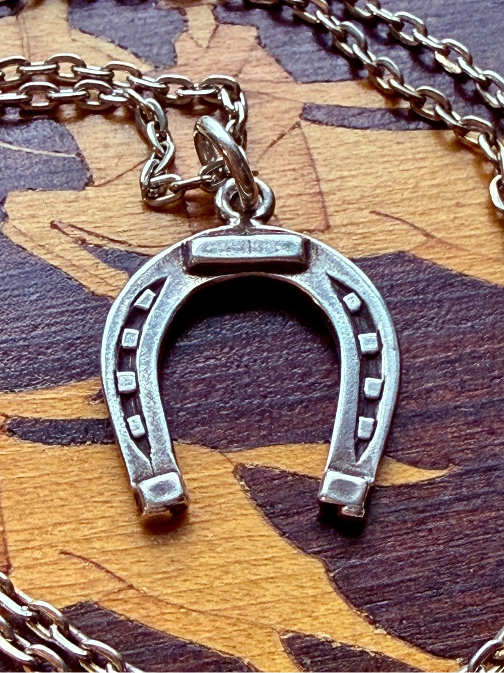 Vintage Sterling Silver Horseshoe Watch Fob Pendant Necklace; Silver Tone Chain